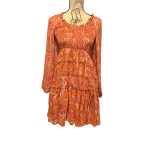Women's Jacquie the Label Boho Fall Paisley Tencel Smocked Dress, Small, Orange